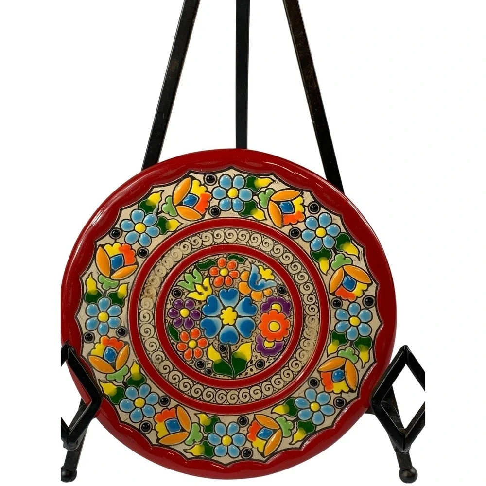 Vintage Cearco Spanish Ceramic Plate Cuerda Seca Hand Painted Floral Red